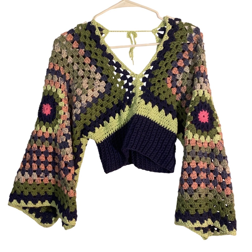 Handmade Crochet Granny Square Crop Top Bell‎ Sleeve Green Navy Pink Boho V-Neck